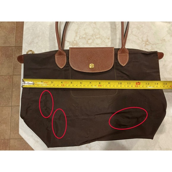 Longchamp Tote Bag Brown Leather Trim Logo Nylon Travel Shopping Shoulder - Picture 2 of 14